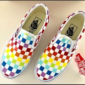 NWT Vans Womens 7 Classic Slip On Rainbow Checkerboard